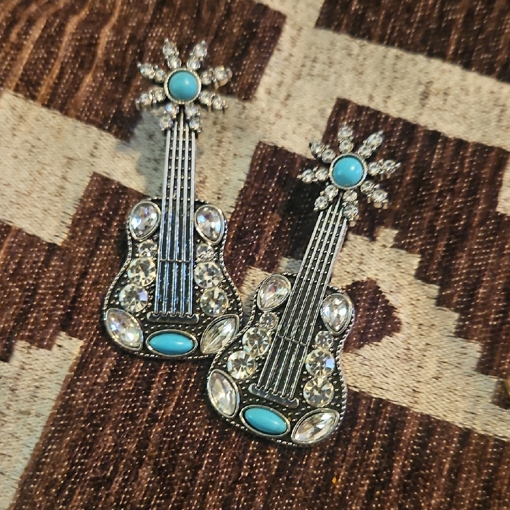Turquoise and Silver Guitar Earrings